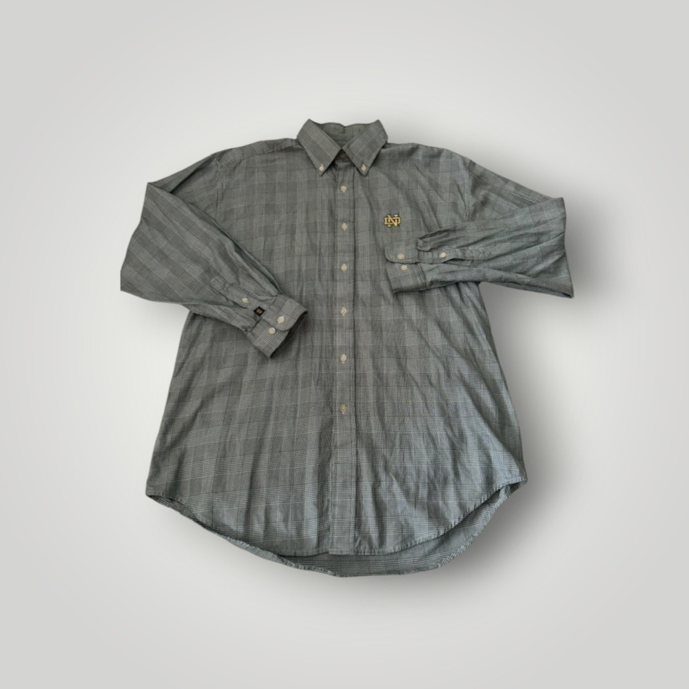 Notre Dame Gold Button Down Shirt Men Large Grey Plaid Logo Fighting Irish NCAA